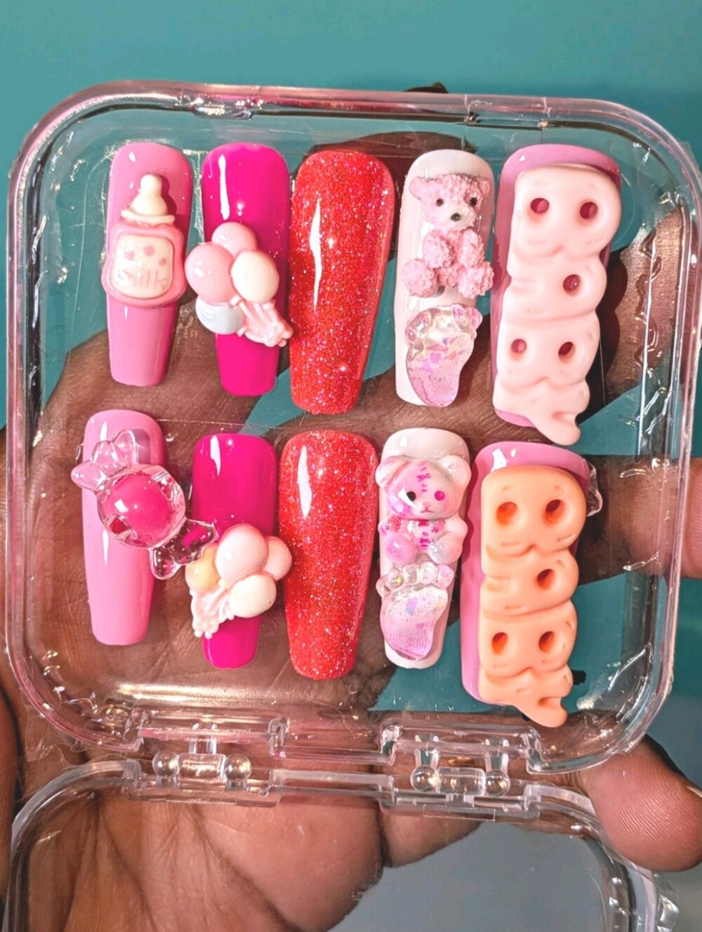 Hand Crafted Pink & Coral Glitter 3D Charm Baby Shower Press-On Nail Set Sz L